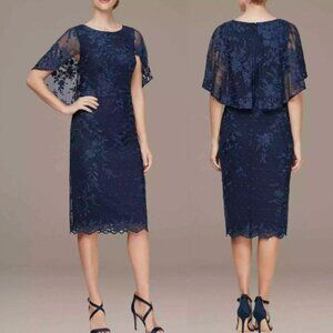 Alex Evenings Knee Length Embroidered Capelet Sheath Dress Navy Blue 12 Like New